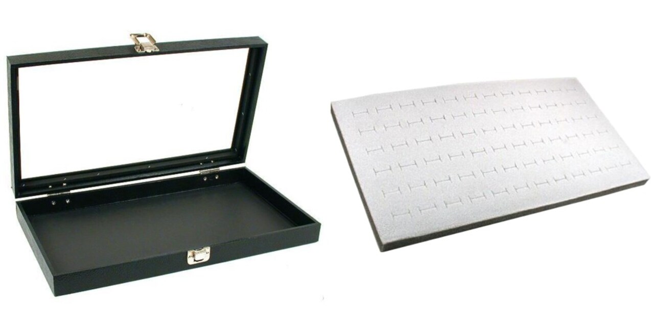 Black Glass Top Jewelry Case w/ 1 Gray 72-slot Foam Pad (Single metal latch)